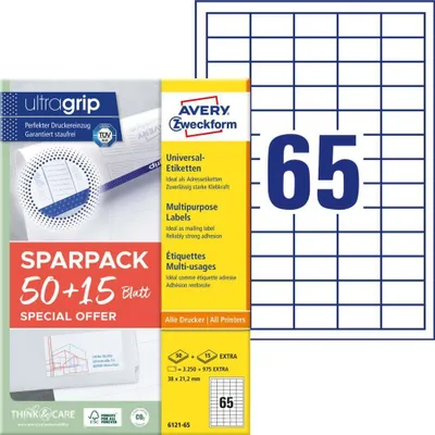 Produktbild von Avery Zweckform 6121-65 Universal-Etiketten, A4 mit ultragrip, 38 x 21,2 mm, 4.225 Etiketten/65 Bogen, weiß