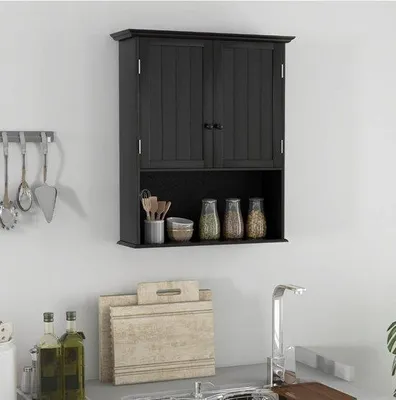 Image de Armoire murale en bois avec tiroir réglable - Meuble polyvalent pour salle de bain et cuisine, dimensions : 60 x 19 x 71 cm