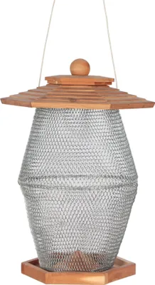 Produktbild von Dehner Natura Premium Futterlaterne Andorra, Futterstation für Wildvögel, Futterspender wetterfest / hängend, inkl. Aufhängevorrichtung, ca. 27 x 39 x 24 cm, Zedernholz / Metall, braun / silber