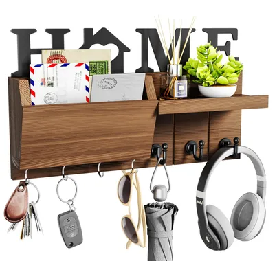 Houten sleutelrek mit 7 Haken und Ablage, braun