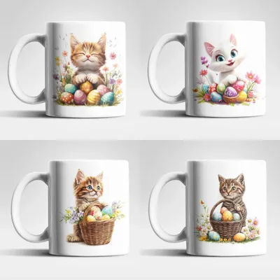 Produktbild von Ostern Katze Ostereier Kaffeetasse Teetasse Tasse Geschenkidee 325 ml – 4er Set