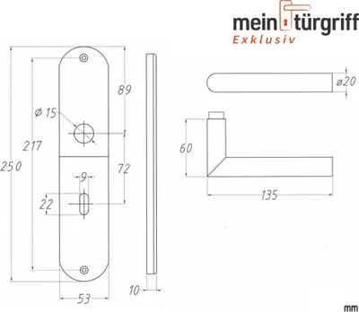 Technical drawing with dimensions of a door handle set.