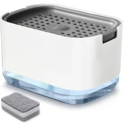 Image de Distributeur de savon et porte-éponge avec éponge, 300 ml, distributeur de liquide vaisselle pour la cuisine, blanc