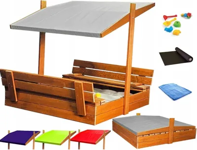 Produktbild von Sandkasten aus Holz mit Sitzbank Dach Abdeckung Imprägniert Sandbox Grau 10771