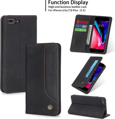Produktbild von iPhone 8 Plus Hülle, LaimTop Retro Kunstledertasche Schutzhülle mit Kartenfach Standfunktion für iPhone 8 Plus / 7 Plus / 6 Plus / 6s Plus Schwarz