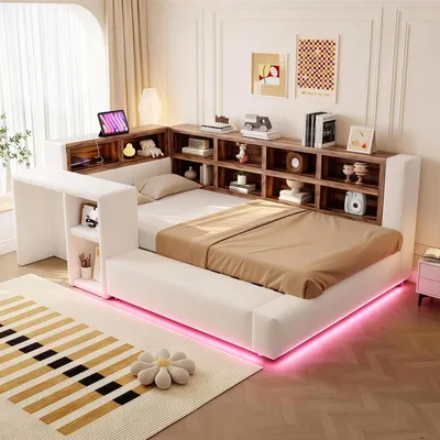 Produktbild von Merax Polsterbett 90x200cm mit Stauraum Kopfteil, Tagesbett Gästebett mit LED-Beleuchtung, Steckdose, Beistelltisch, gepolsterte Rückenlehne, Beige