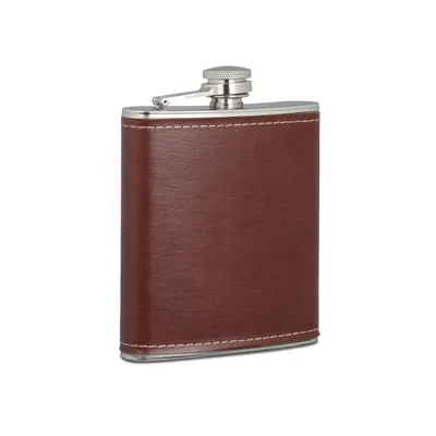Produktbild von 3 x Flachmann 200ml, Taschenflasche aus Edelstahl mit Kunstleder Hülle, kleiner Flachmann für Unterwegs, braun
