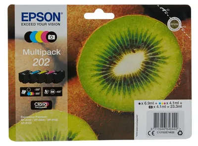 Productafbeelding van Epson Kiwi Multipack, 5 kleuren, 202 Claria Premium inkt, standaard opbrengst, zwart, fotoblauw, cyaan, magenta, geel, pigmentgebaseerde inkt, kleurstofgebaseerde inkt, 6,9 ml, 4,1 ml