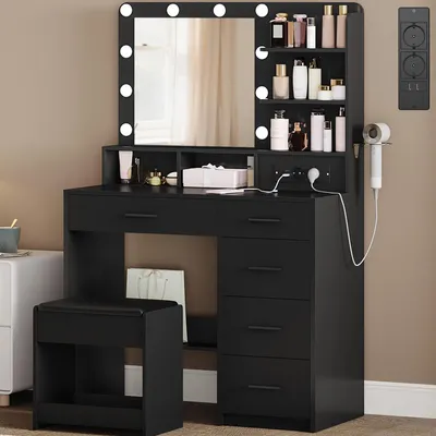 Immagine prodotto di Comò da trucco con sgabello, illuminazione a LED (10 luci), grande specchio, supporto per asciugacapelli, 5 cassetti, colore nero, dimensioni 90 x 40 x 139 cm