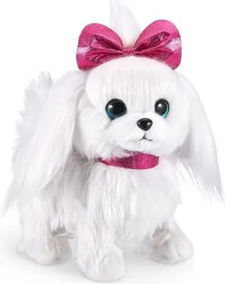 A white plush toy dog with a pink bow and collar.