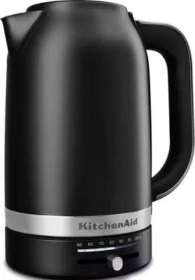 A black KitchenAid electric kettle with a silver band around the base, showing temperature settings.