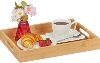 Immagine prodotto di Vassoio Relaxdays in bambù, D x L x A: 5,5 x 40 x 30 cm, vassoio da portata con manici, bordo alto, vassoio da cucina rettangolare, colore naturale