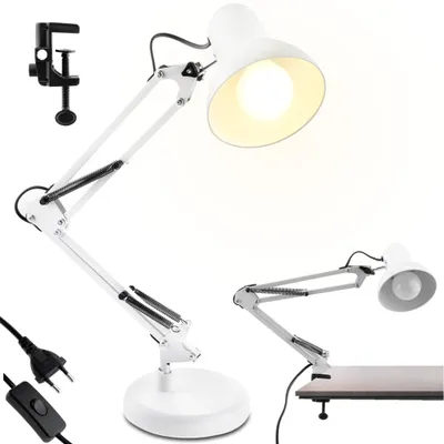 A white desk lamp with an adjustable arm and a clamp attachment is shown against a white background. A second, smaller desk lamp is shown clamped to a desk in the lower right corner.