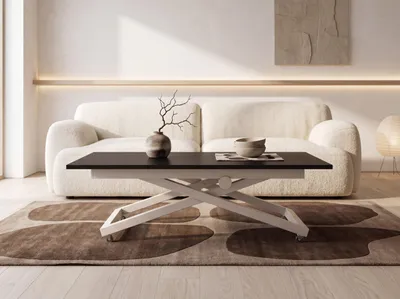 Produktbild von Couchtisch Höhenverstellbar Ausziehbar – Wohnzimmertisch & Esstisch mit Rollen, X-Metallgestell in Kaschmir – 120 x 80 cm bis 160 x 80 cm – Schwarz