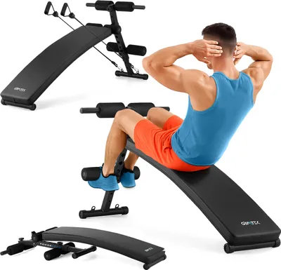 A collage of images showing a fitness bench and a man performing sit-ups on it.