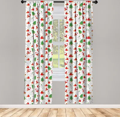 Obrázek produktu pro ABAKUHAUS Vánoční závěsy, záclony, vánoční Santa Claus Tree na barevném pozadí s puntíky – překvapení krabice s grafikou, 2 kusy 75 x 175 cm, zelená a červená