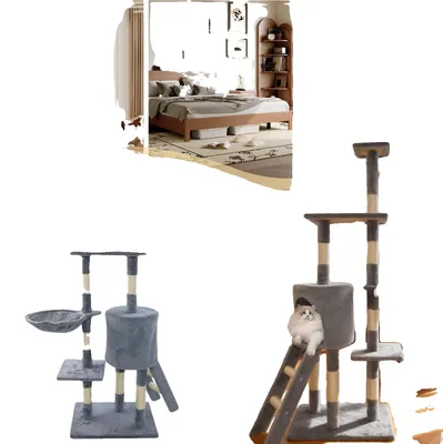 Obrázek produktu pro Kočičí strom, víceúrovňový design, odolné škrábací sloupy, ŠEDÁ barva, výška 139 cm, konstrukce