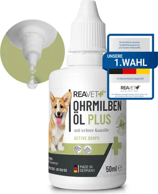 Produktbild von REAVET Ohrmilbenöl Plus 50 ml sofort wirksames Mittel für Hunde & Katzen –gegen Ohrmilben mit Kamille für Hund & Katze, Sanfte Pflege bei Juckreiz im Ohr, Ohrentropfen Milben, Ohrenreiniger
