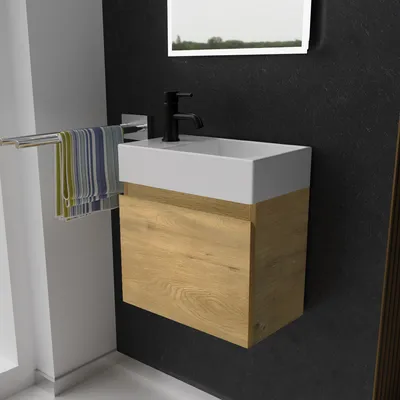 Produktbild von Alpenberger Gäste WC Waschbecken mit Unterschrank 45 cm Breit | Waschtisch Set Klein | Aufsatzwaschbecken Waschtischunterschrank Hängend | Hängeschrank | Waschbeckenunterschrank Eiche Natur