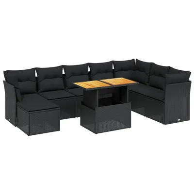 Produktbild von 9-tlg. Garten-Lounge-Set, Poly Rattan Schwarz, verstellbarer Esstisch, modulares Sofa, abnehmbare Kissenbezüge, UV-beständig