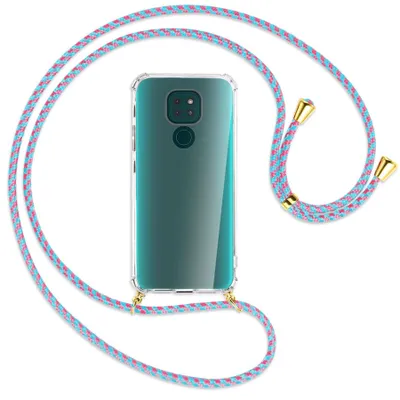 Produktbild von Handykette Backcover-Schutzhülle mit Band (Metall goldfarben) für Motorola Moto G9 / G9 Play - pink/mint