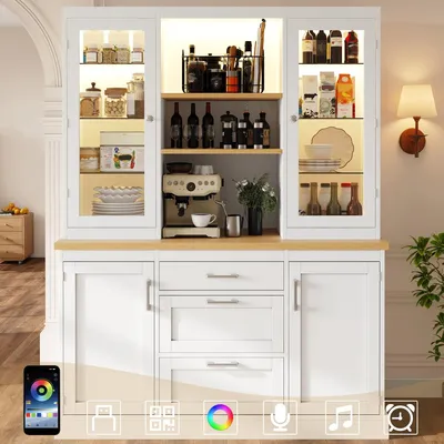 Image de Armoire de cuisine avec éclairage LED contrôlé par application, dimensions 140x40x185 cm, 3 tiroirs, couleur blanche