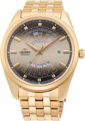 A close-up studio shot of a gold Orient automatic watch with a champagne dial and multi-year calendar.