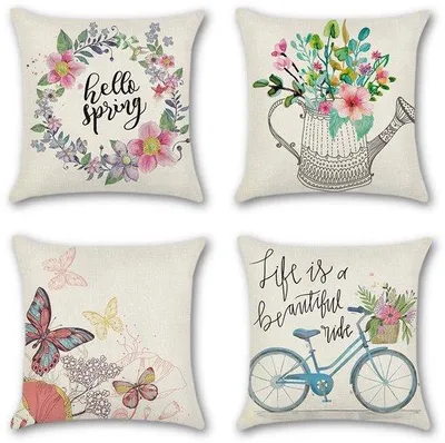 Immagine prodotto di Ibenzoa® Set di 4 federe per cuscini, in morbido cotone e lino, 45 x 45 cm, design primaverile, chiusura a zip invisibile