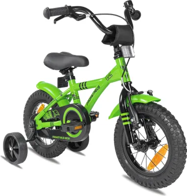 Produktbild von PROMETHEUS Kinderfahrrad 12 Zoll Jungen und Mädchen in Grün & Schwarz mit Stützräder | Aluminium Seitenzugbremse und Rücktrittbremse | inkl. Sicherheitspaket | ab 3 Jahre | 12“ BMX Edition 2018