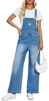 Produktbild von Imily Bela Damen-Latzhose aus Denim – Lässiger Jeans-Jumpsuit mit verstellbaren Trägern, weitem Bein, lockerer Passform und Taschen