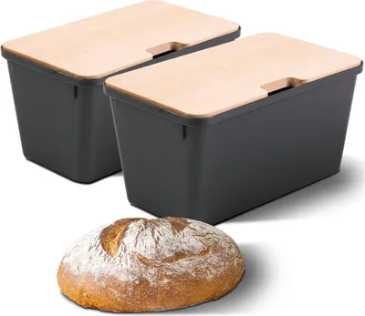 Produktbild von Novaliv 2x Brotkasten mit Deckel 32x20x16,5cm Brotbox für Brotaufbewahrung Brotkasten Holz für Brot frischhalten 7,3L Brotkasten schwarz Brot box für Brot Aufbewahrungsbox mit Holzdeckel