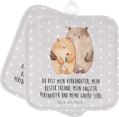 Produktbild von Mr. & Mrs. Panda Topfuntersetzer Bären Liebe - Grau Pastell - Geschenk, Topflappen, Set, Freundin, Ofenlappen, Umarmung, Kochlappen, Bär, Partner, Kuscheln, topfhalter