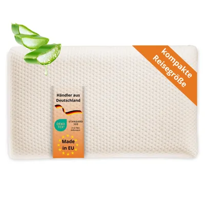 A pillow with aloe vera slices and product information tags.