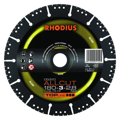 Produktbild von Rhodius Diamanttrennscheibe DG 210 Allcut 180x3,0x2,8x22,23mm Stein Braintools - 303390