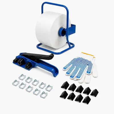 Produktbild von Umreifungsset 16 mm komplett mit Abroller, Bandspanner, 850 m Polyesterband, Handschuhe, 500 Klemmen & 100 Kantenschutzecken – Verpackungsset für Paletten, Versand & Lager