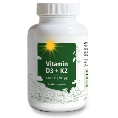Produktbild von Vitamin D3 + K2 - 5000 I.E. Vitamin D3 mit 100μg Vitamin K2 als All-Trans K2 MK7 - 180 vegetarische Tabletten