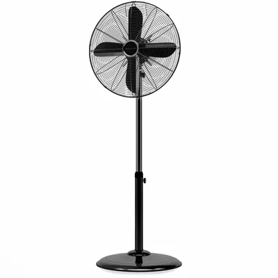 A black and silver stand fan is shown against a white background.