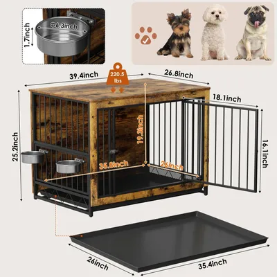 Produktbild von Möbel-Hundebox - Beistelltisch Hundekäfig - 99 cm - Doppeltüren - Herausnehmbare Näpfe - Ablage - Stahl & Holz - Für M–XL Hunde - Dunkelbraun