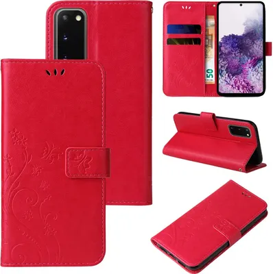 Produktbild von Handyhülle für Samsung Galaxy S20 Floral Blumen Schmetterling Flip Cover Hülle Case Klapphülle Handytasche Farbe: Rot