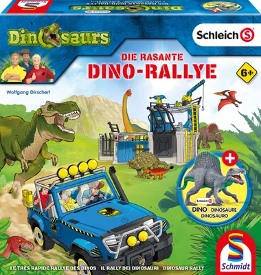 The image shows the packaging of a toy set called 'Dinosaurs Die Rasante Dino-Rallye' by Schleich.