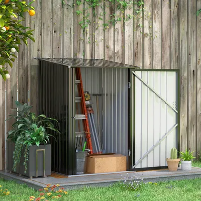 Immagine prodotto di MODFU capanno per attrezzi da giardino in acciaio zincato, capanno per attrezzi con tetto spiovente e porta con serratura per uso esterno, grigio scuro
