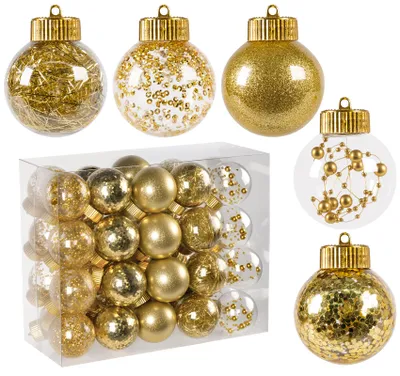 Produktbild von Weihnachtskugeln 6 cm Gold, 40er Set transparente befüllbare Christbaumkugeln mit 5 Designs, DIY Weihnachtsbaumschmuck mit Schraubverschluss