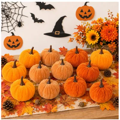 12 Samt-Kürbisse, Mini-Deko, Ø 5 cm, für Herbst & Halloween
