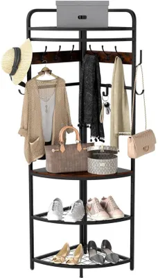 Image de Porte-manteau d'angle industriel Azomor avec étagères de rangement et crochets réglables, noir et marron