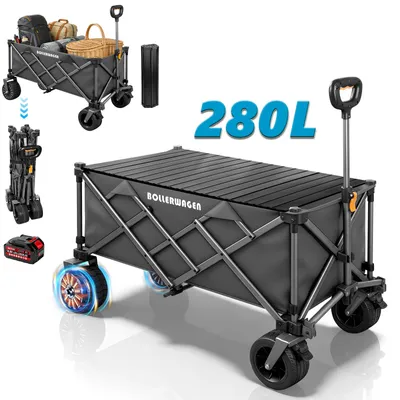 Produktbild von Akku Bollerwagen Faltbar Transportwagen mit Klapptisch 3-Gänge Breitere Räder, Kompatibel mit Makita Akku, Handwagen Für Camping Strand Einkauf, Grau
