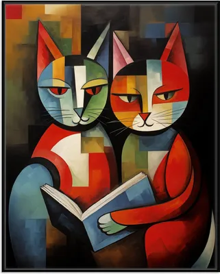 Produktbild von Wallario Wandbild Lesende Katzen, Größe: 40,30 x 50,30 cm, Poster mit schwarzem Aluminiumrahmen
