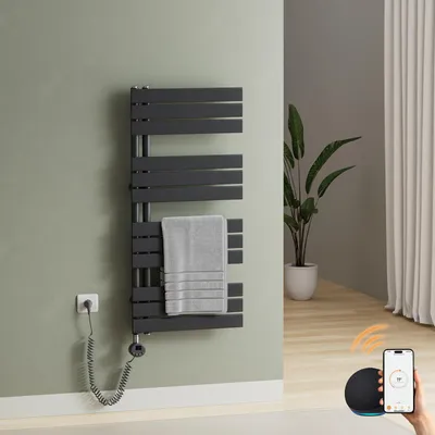 Image de S'AFIELINA – Sèche-serviette électrique 104.1×50cm avec thermostat WiFi,minuterie programmable et écran LCD,600 W,Anthracite,idéal pour salle de bain