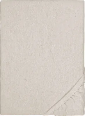 A flat lay of a light gray fitted sheet with elasticized corners.