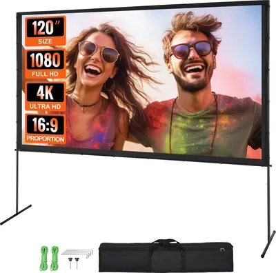 A portable projector screen with a stand, showing two happy people on the screen. Accessories and a carrying bag are shown below.