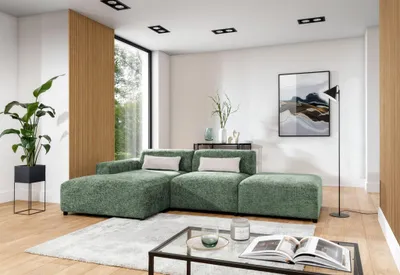 Produktbild von Ecksofa Designersofa ROMY in Stoff Enjoy Me Olivgrün Ottomane Links